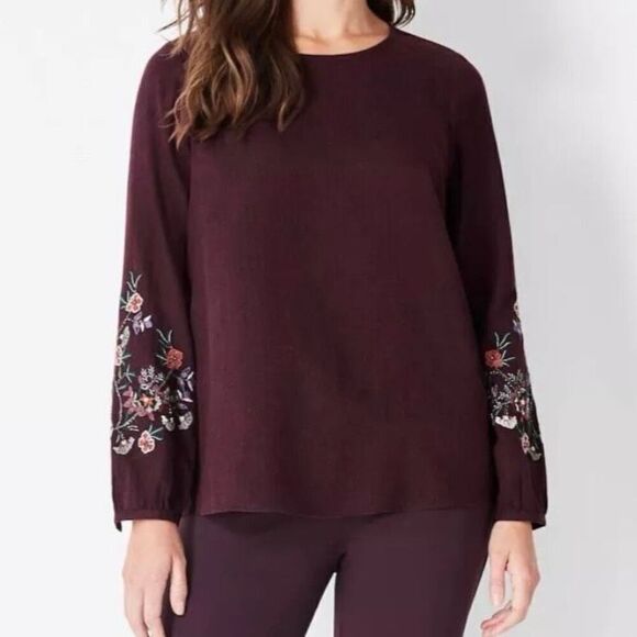 J. Jill Embroidered Beaded Burgundy Long Sleeve Top Size XL - Picture 2 of 11
